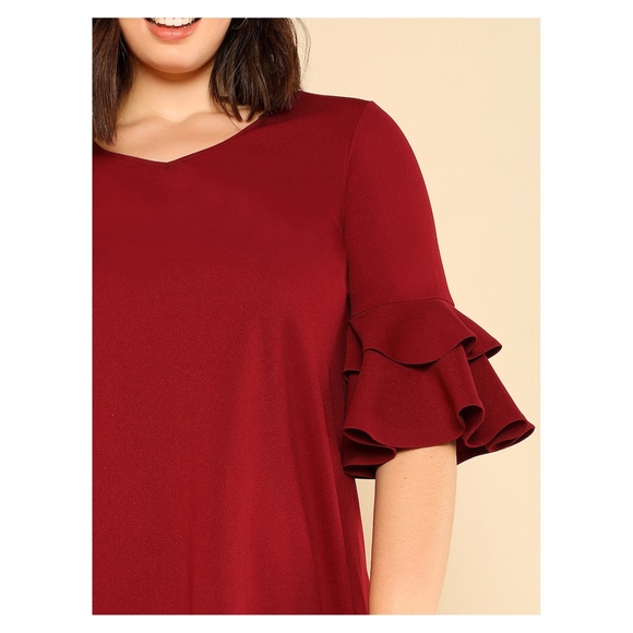 Burgundy Half Ruffle Sleeve Plus Size Shift Dress - Picture 4 of 6
